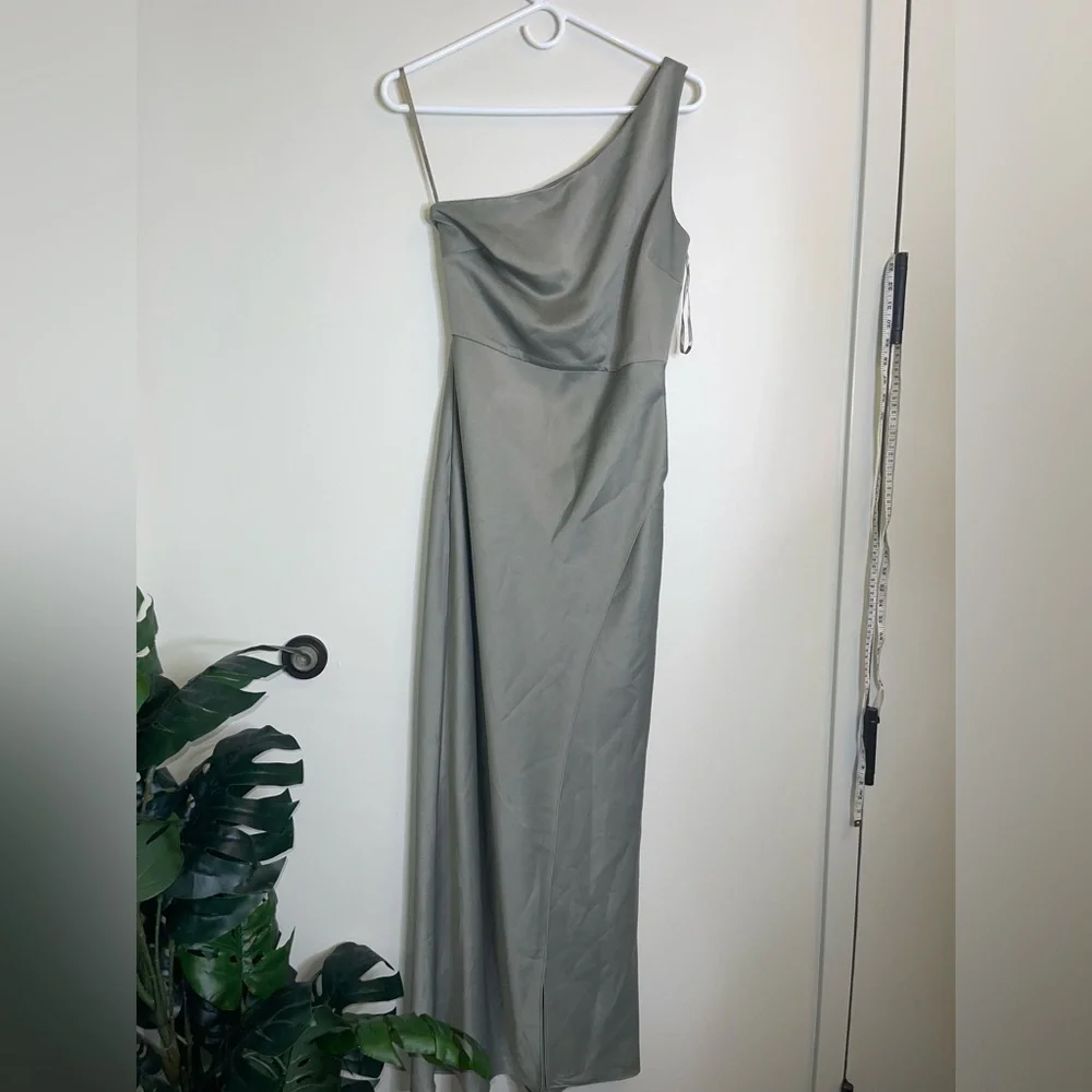 BHLDN Anthropologie Dylan One Shoulder Satin Side Slit Gown Green NEW Size 6 - Picture 8 of 13